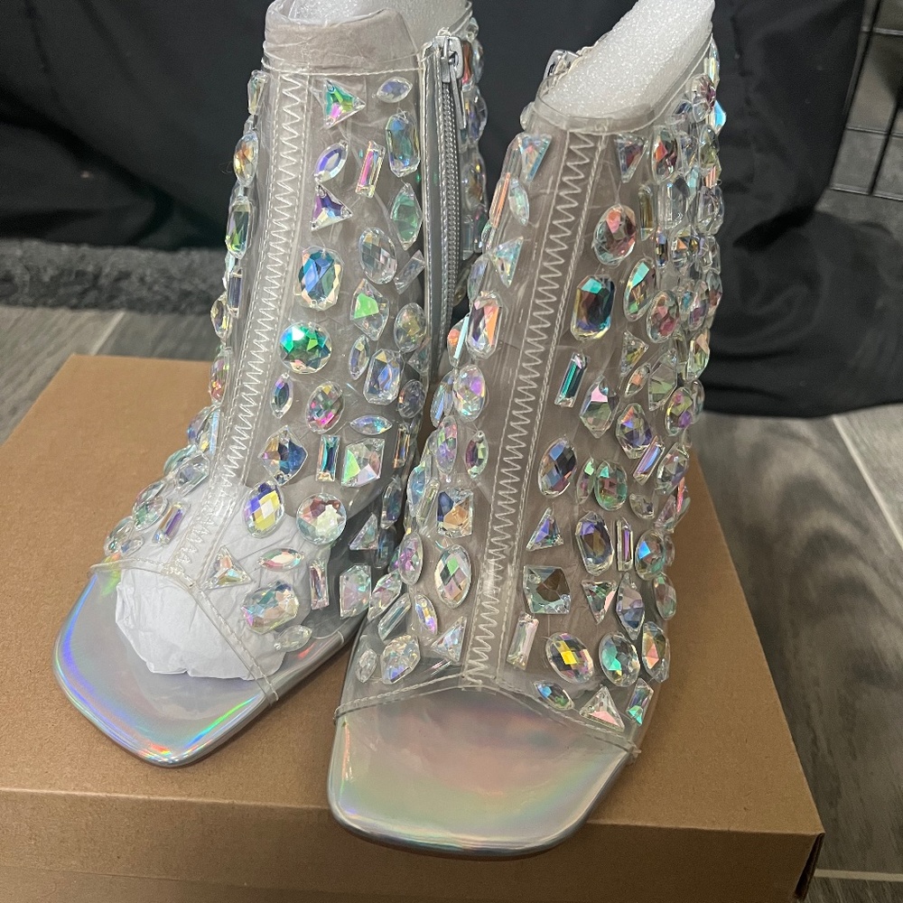Steve Madden clear/iridescent ankle booties